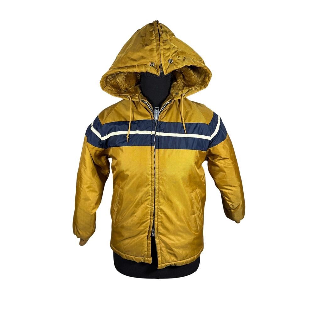 Vintage 70s Pacific Trail Youth L/XL Mustard Ski Jacket Faux Fur Lined Hood